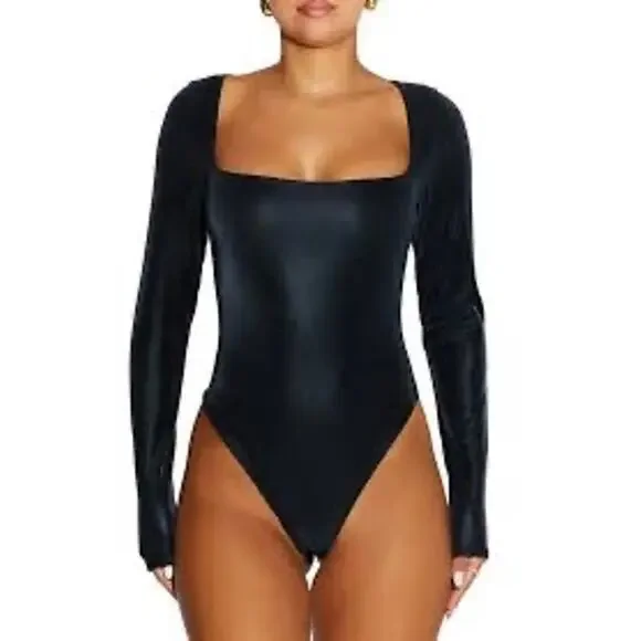 NWT Naked Wardrobe Liquid Faux Suede Square Neck Bodysuit Black Large - Picture 1 of 11